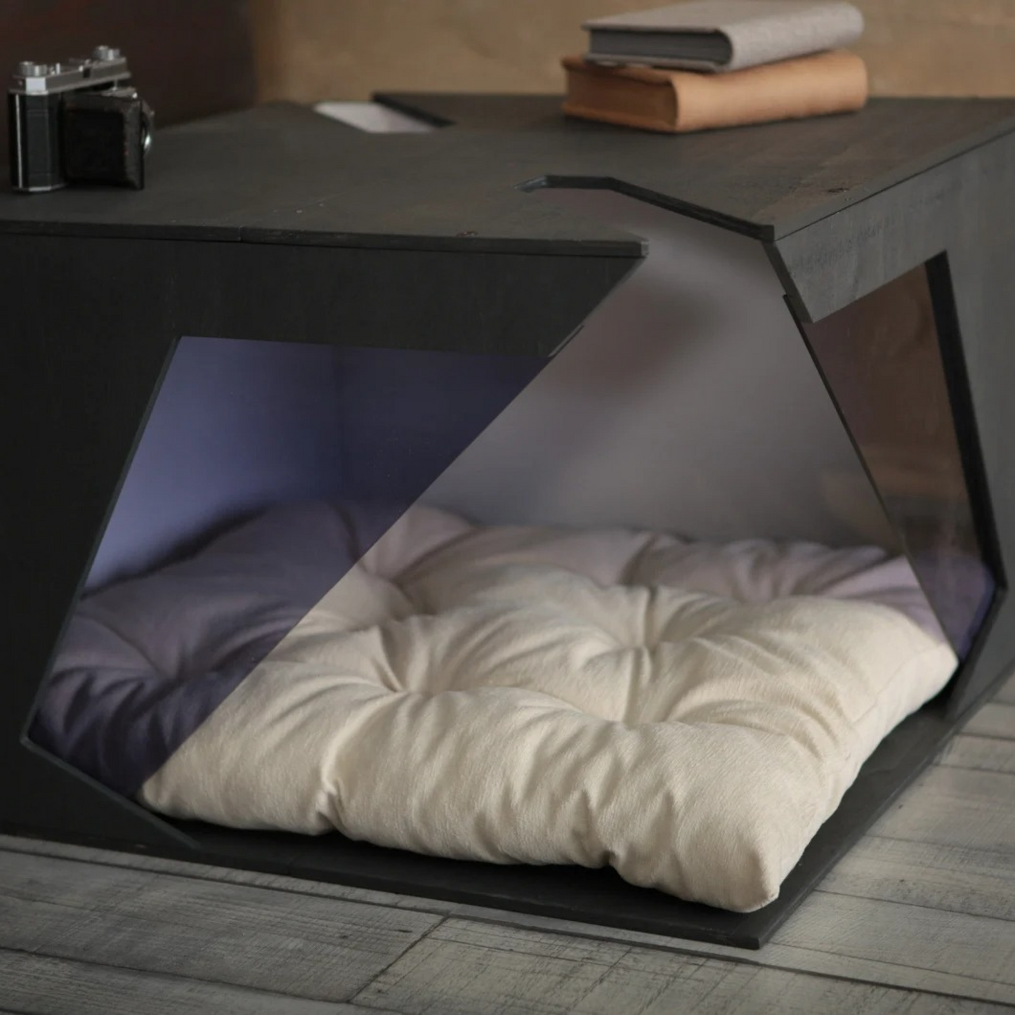 Hundehütte Noirro Designer aus Holz mit Kissen & wasserfestem Boden für kleine und große Hunde