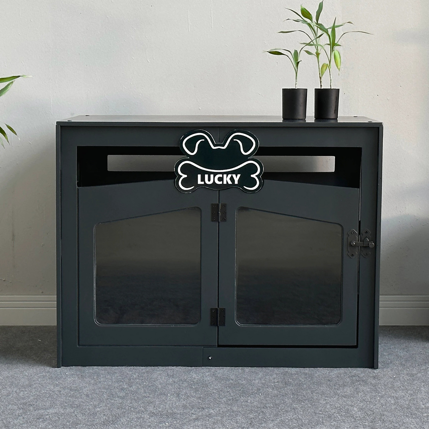 Hundehütte Pawloft Dunkelgrau aus Holz mit personalisiertem Namensschild & Kissen