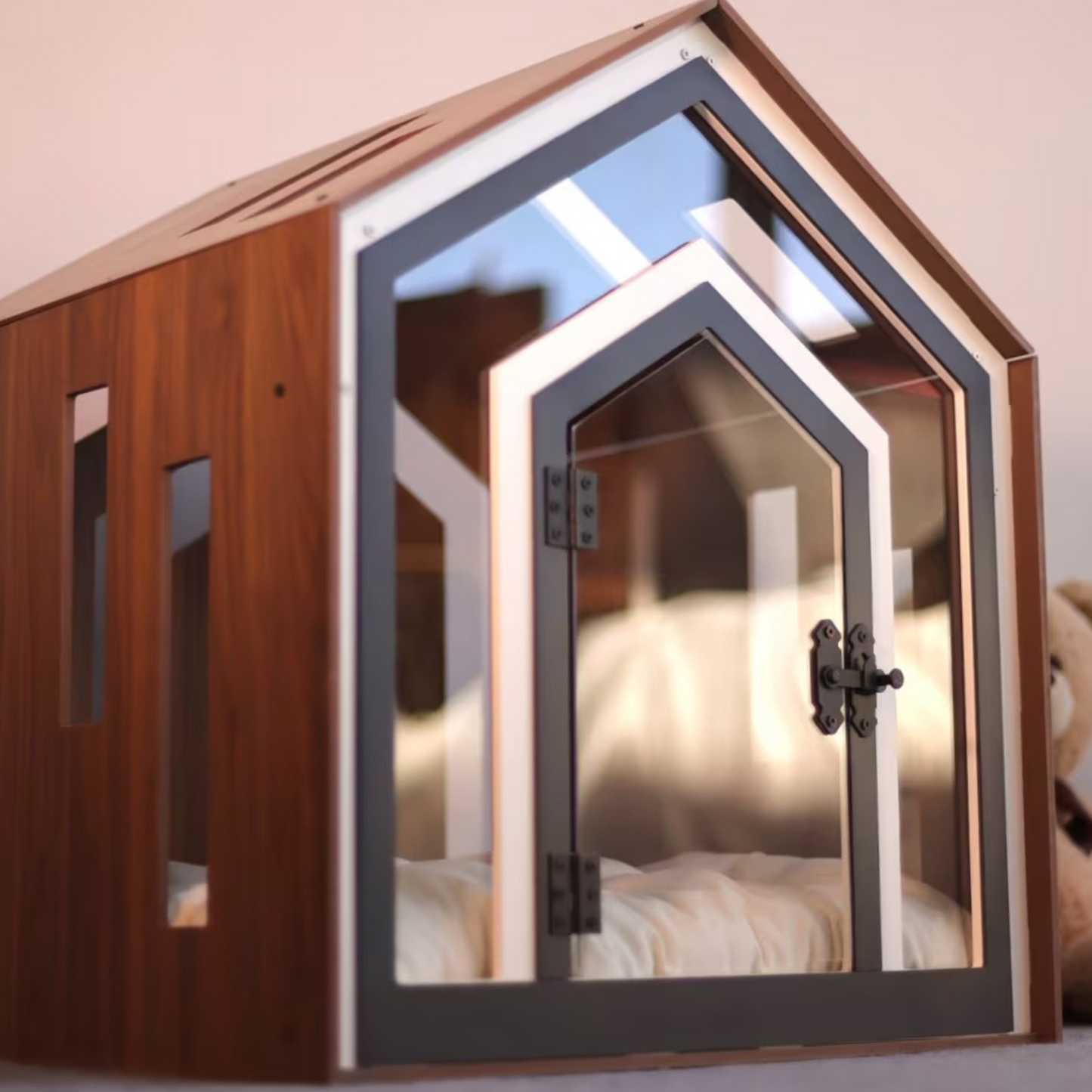 Hundehütte Calmo Walnuss aus Holz mit Kissen & wasserfestem Boden für kleine & große Hunde