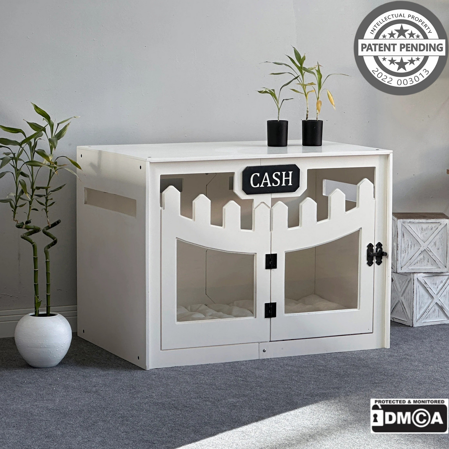 Hundehütte Welano Weiß aus Holz mit personalisiertem Namensschild & Kissen