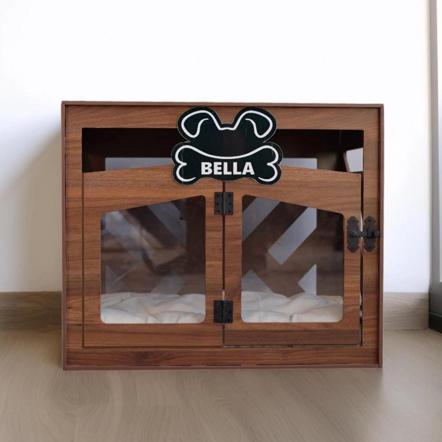 Hundehütte Pawloft B Walnuss aus Holz mit personalisiertem Namensschild & Kissen