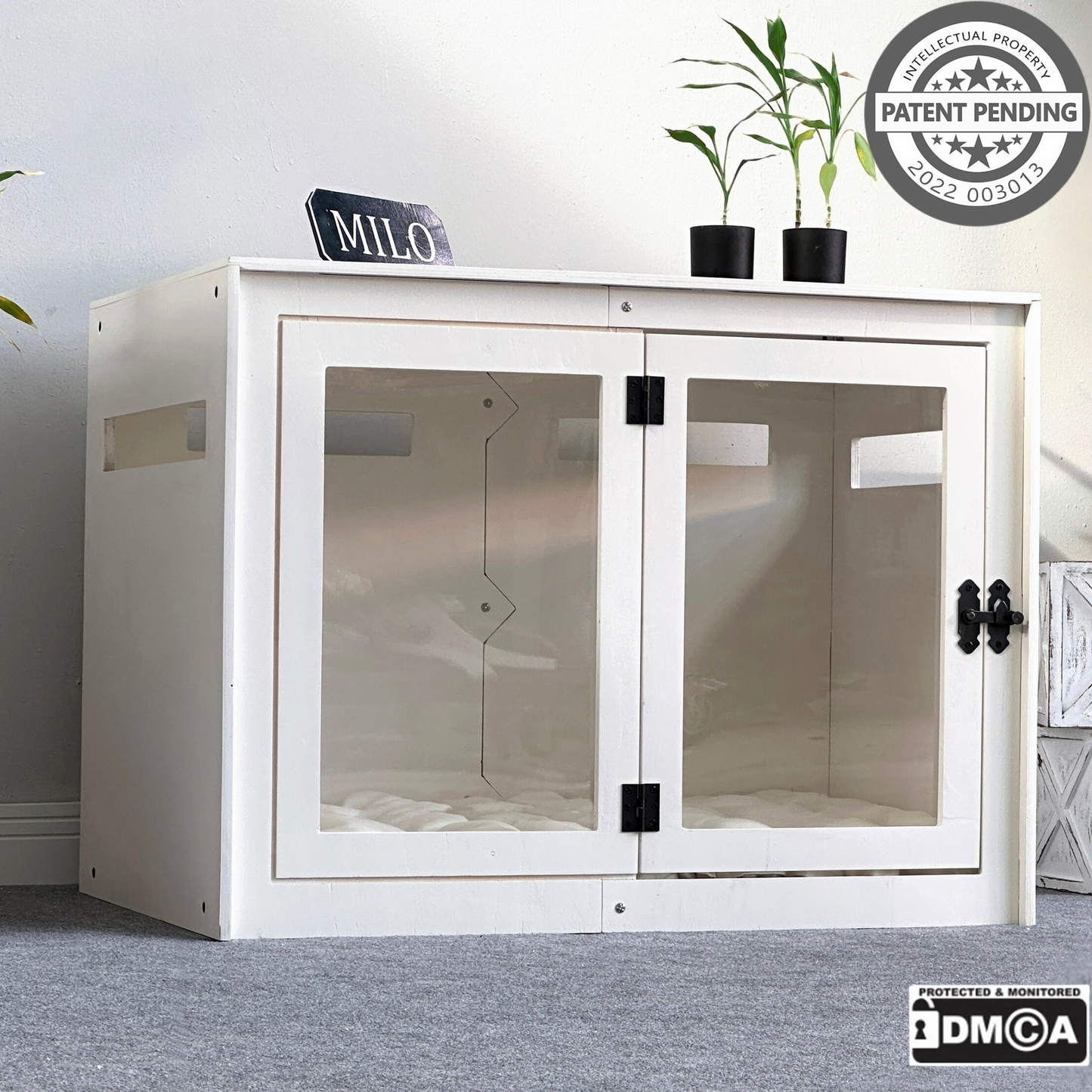 Hundehütte Belano Weiß aus Holz mit personalisiertem Namensschild & Kissen