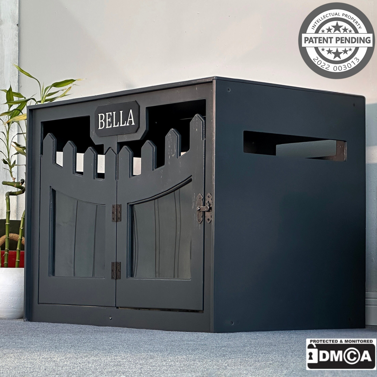 Hundehütte Welano Dunkelgrau aus Holz mit personalisiertem Namensschild & Kissen