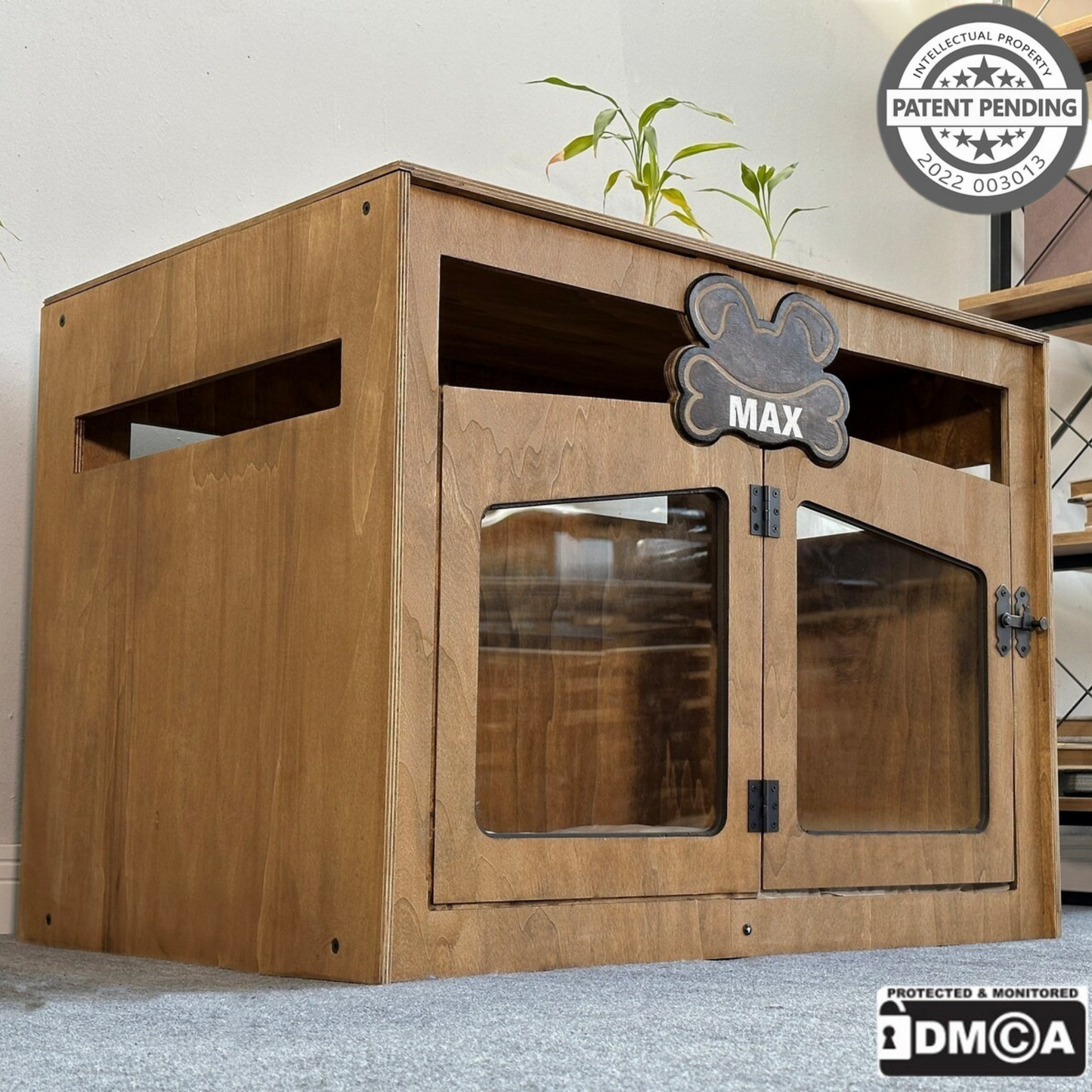 Hundehütte Pawloft Walnuss aus Holz mit personalisiertem Namensschild & Kissen