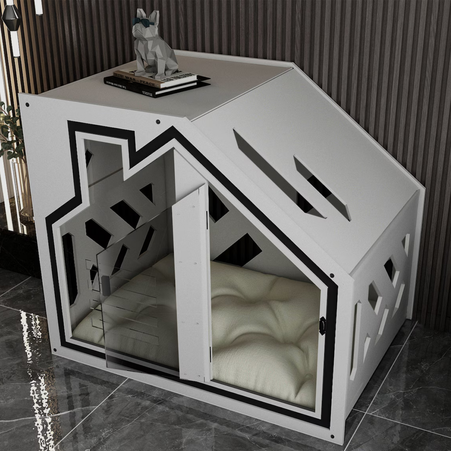 Hundehütte PawLuxe Weiss Designer aus Holz mit Kissen & wasserfestem Boden für kleine & große Hunde