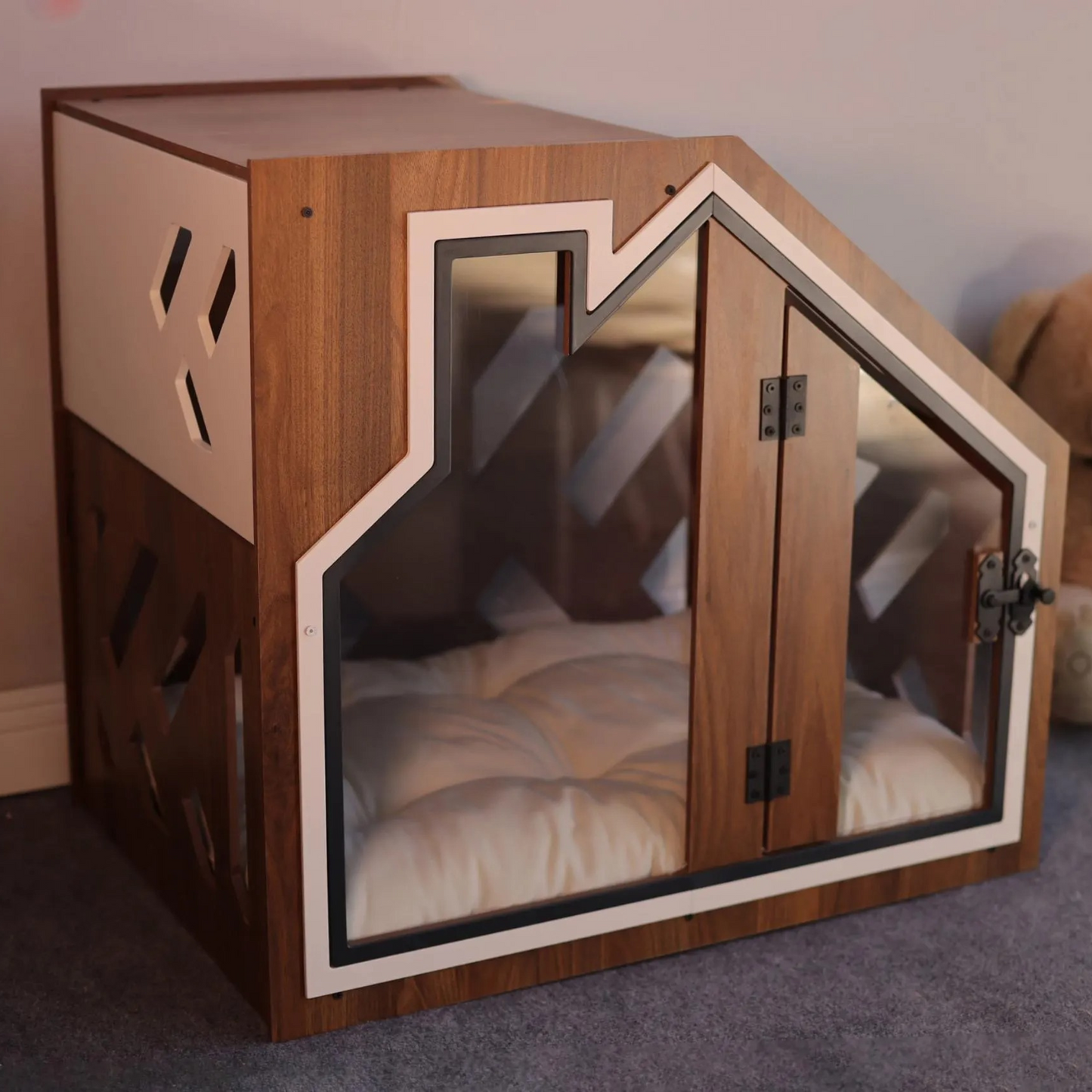 Hundehütte PawLuxe Walnuss Designer aus Holz mit Kissen & wasserfestem Boden für kleine & große Hunde
