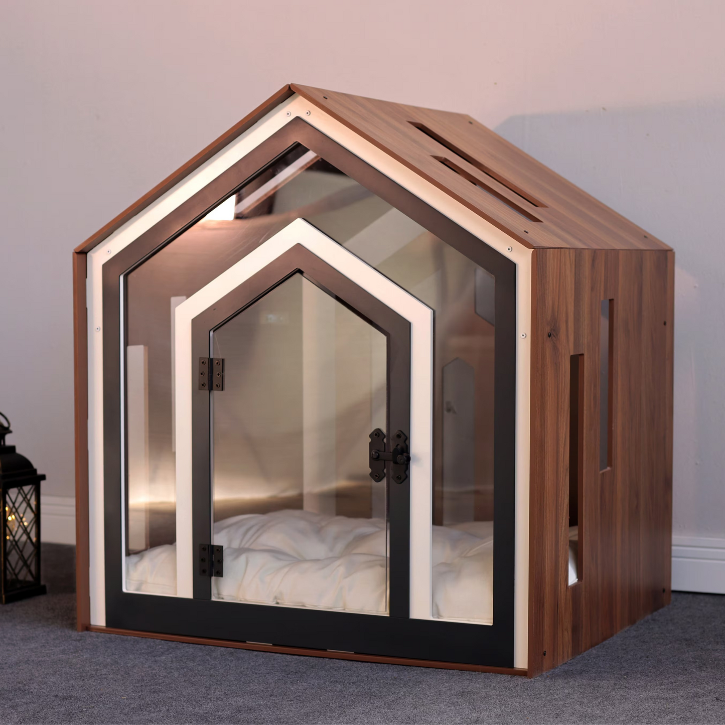 Hundehütte Calmo Walnuss aus Holz mit Kissen & wasserfestem Boden für kleine & große Hunde