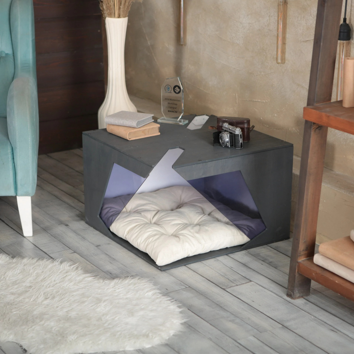 Hundehütte Noirro Designer aus Holz mit Kissen & wasserfestem Boden für kleine und große Hunde