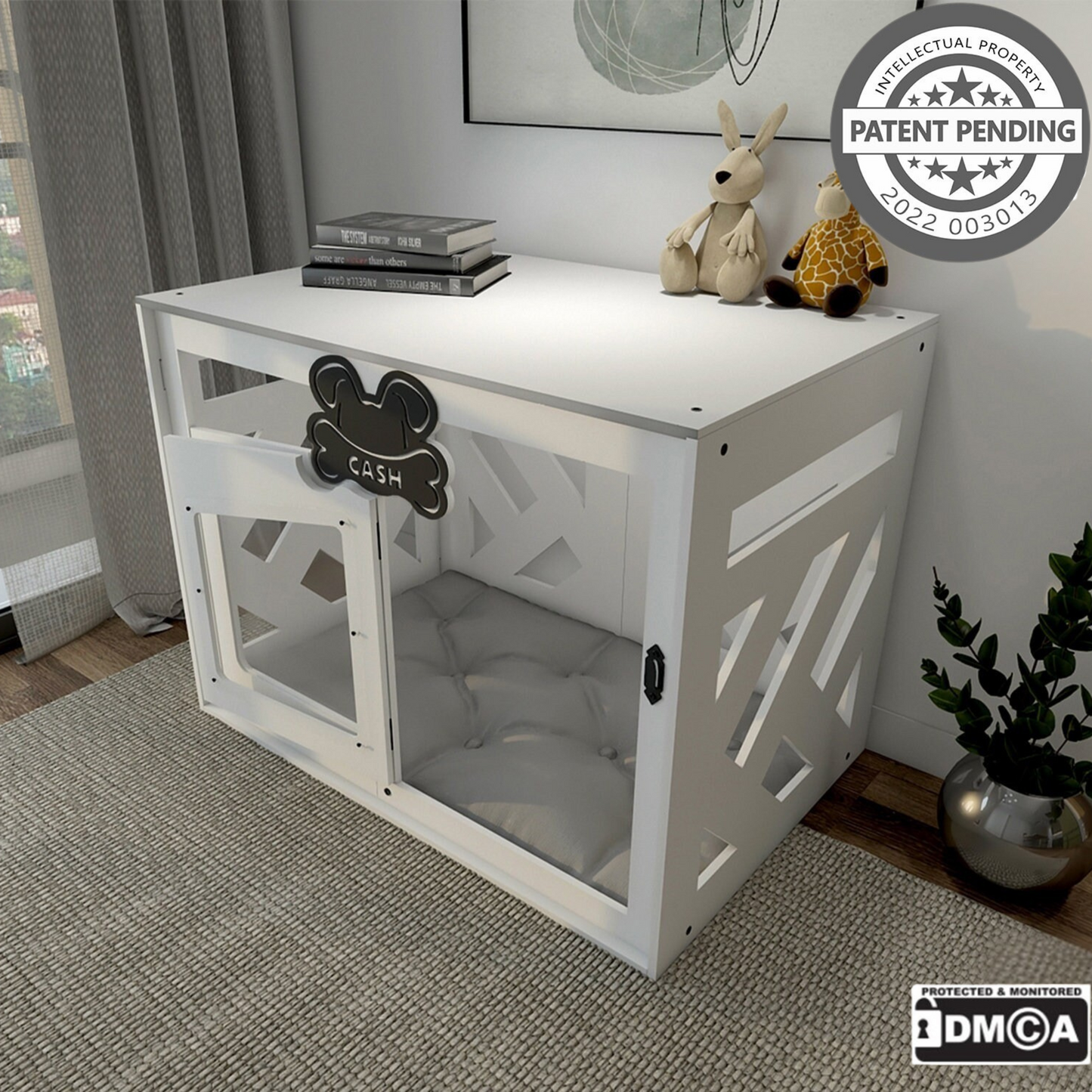Hundehütte Pawloft B Weiß aus Holz mit personalisiertem Namensschild & Kissen