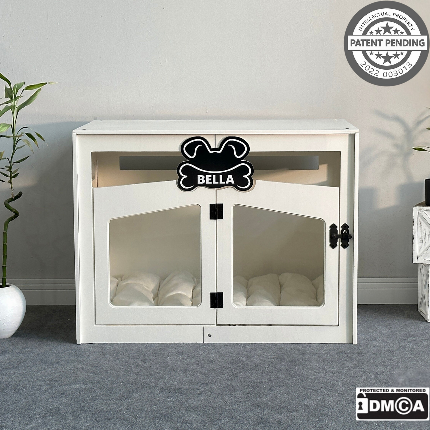 Hundehütte Pawloft Weiß aus Holz mit personalisiertem Namensschild & Kissen