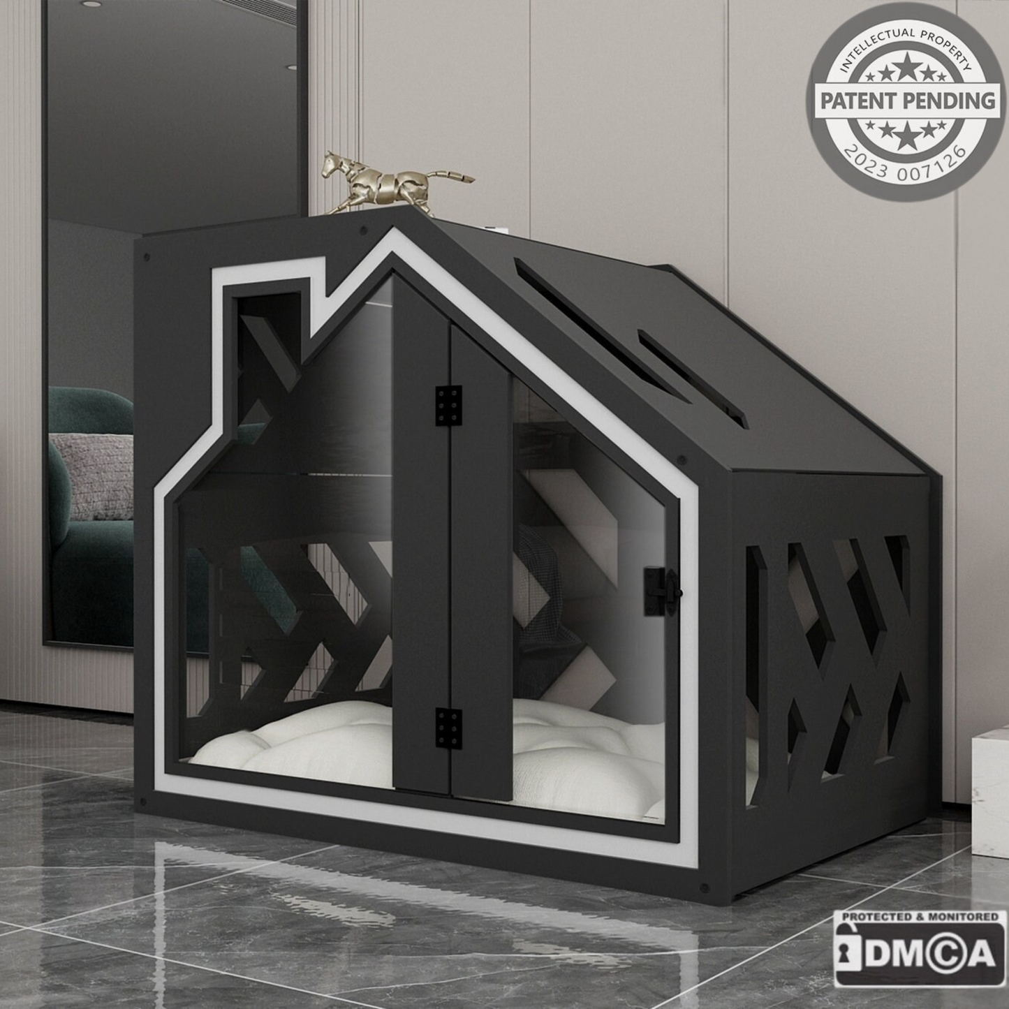 Hundehütte PawLuxe Dunklegrau Designer aus Holz mit Kissen & wasserfestem Boden für kleine & große Hunde