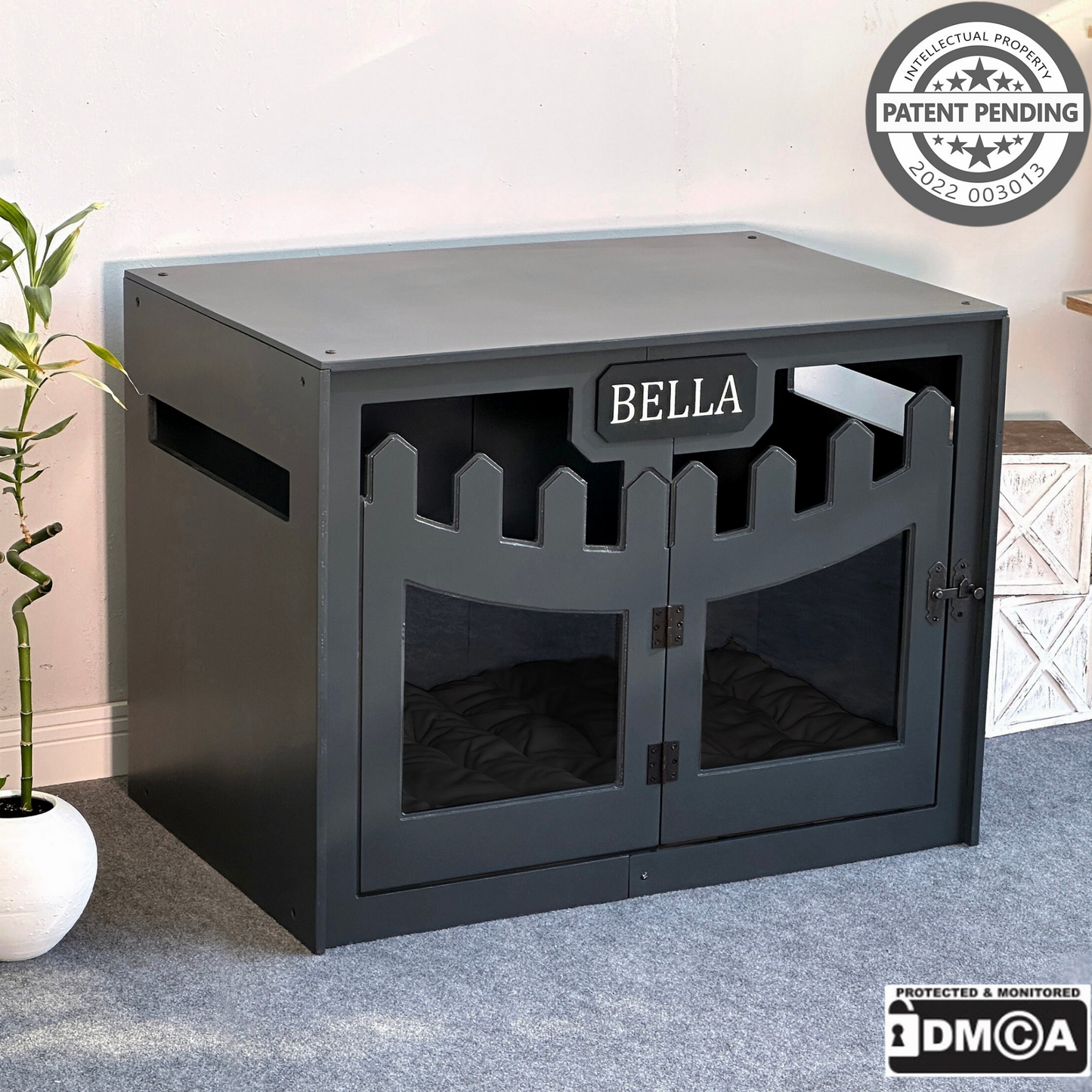 Hundehütte Welano Dunkelgrau aus Holz mit personalisiertem Namensschild & Kissen