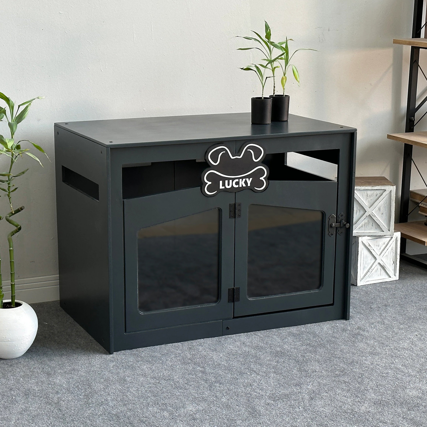 Hundehütte Pawloft Dunkelgrau aus Holz mit personalisiertem Namensschild & Kissen
