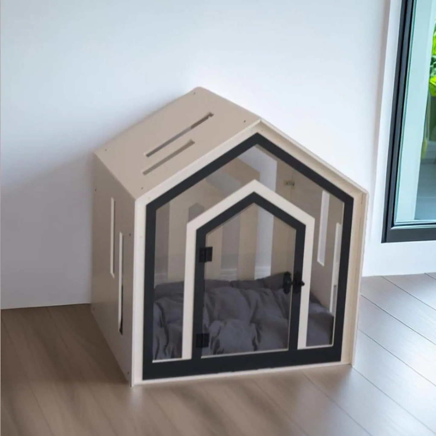 Hundehütte Calmo Weiss aus Holz mit Kissen & wasserfestem Boden für kleine & große Hunde