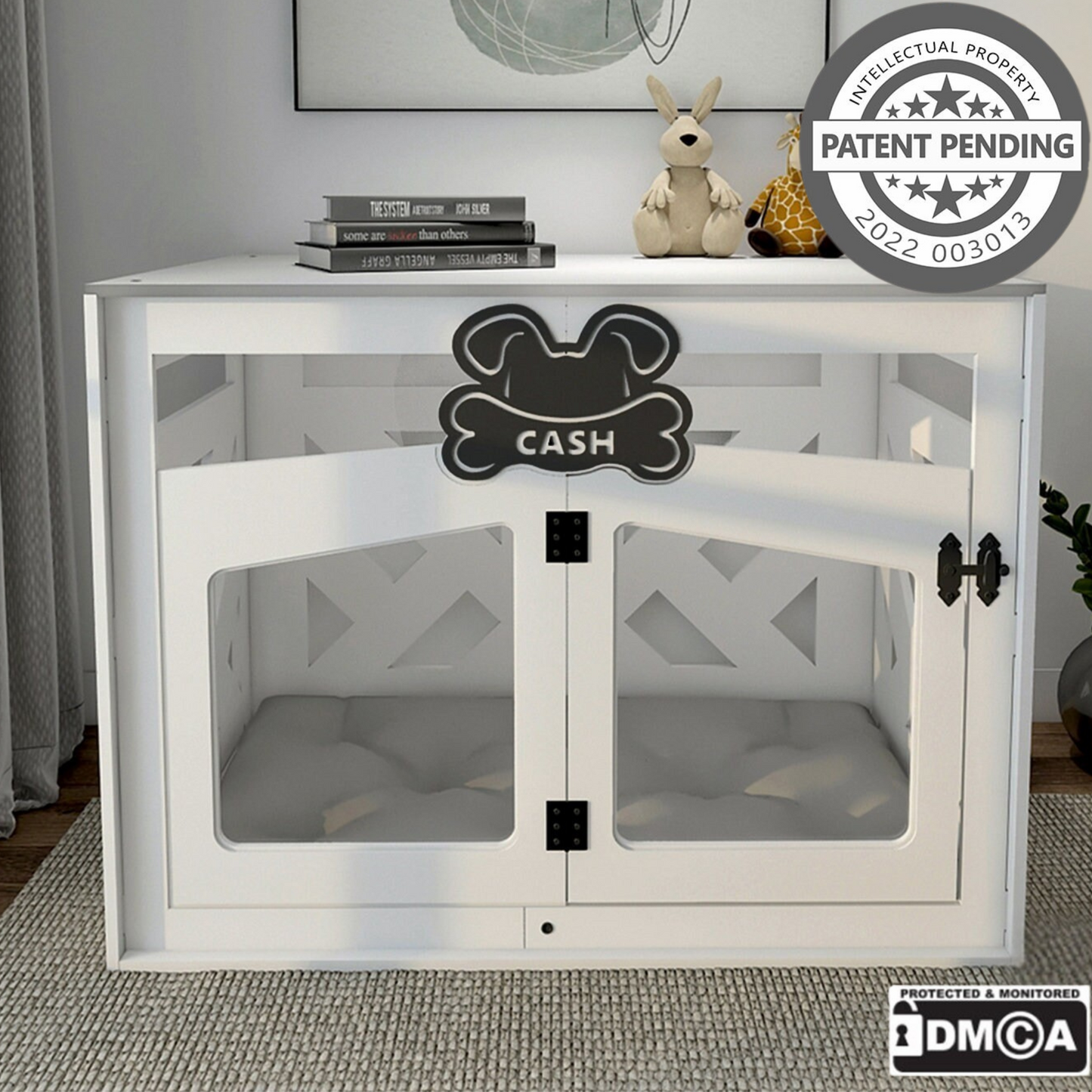 Hundehütte Pawloft B Weiß aus Holz mit personalisiertem Namensschild & Kissen