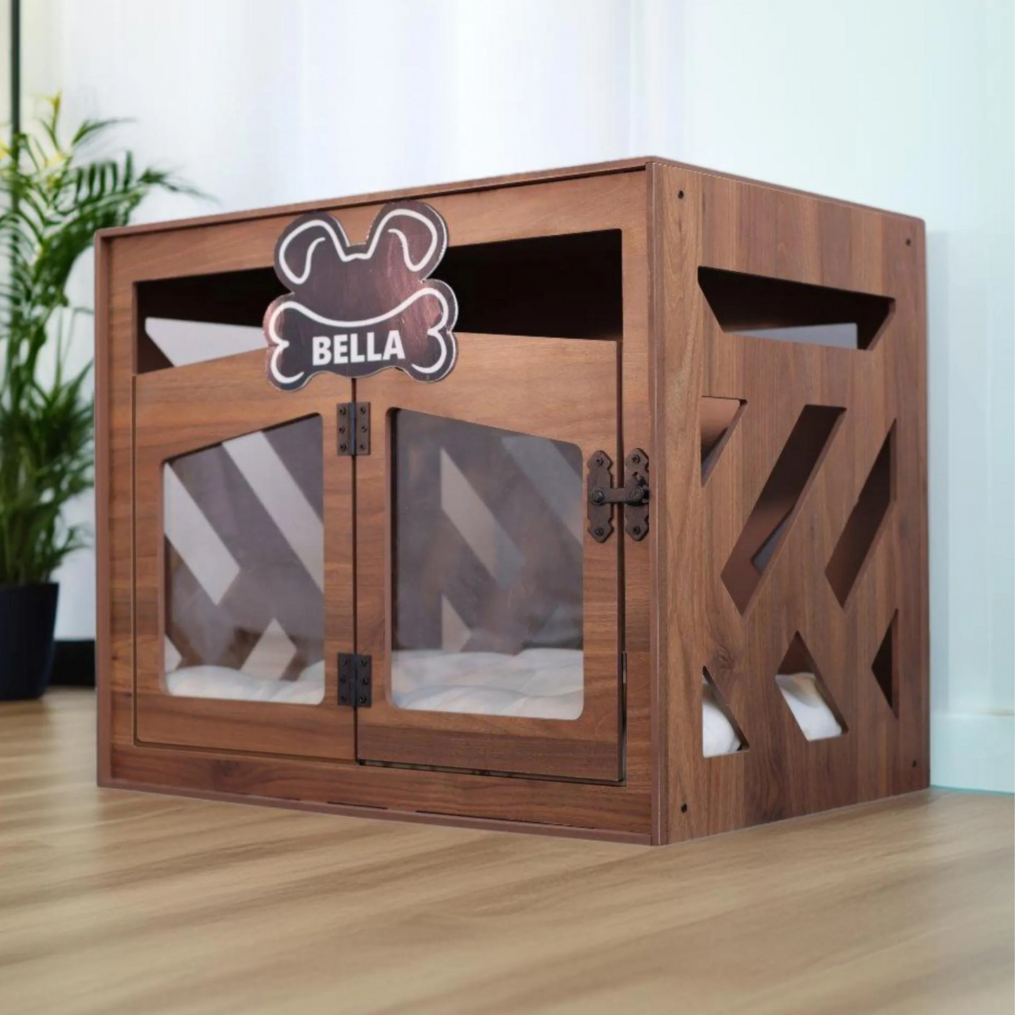 Hundehütte Pawloft B Walnuss aus Holz mit personalisiertem Namensschild & Kissen