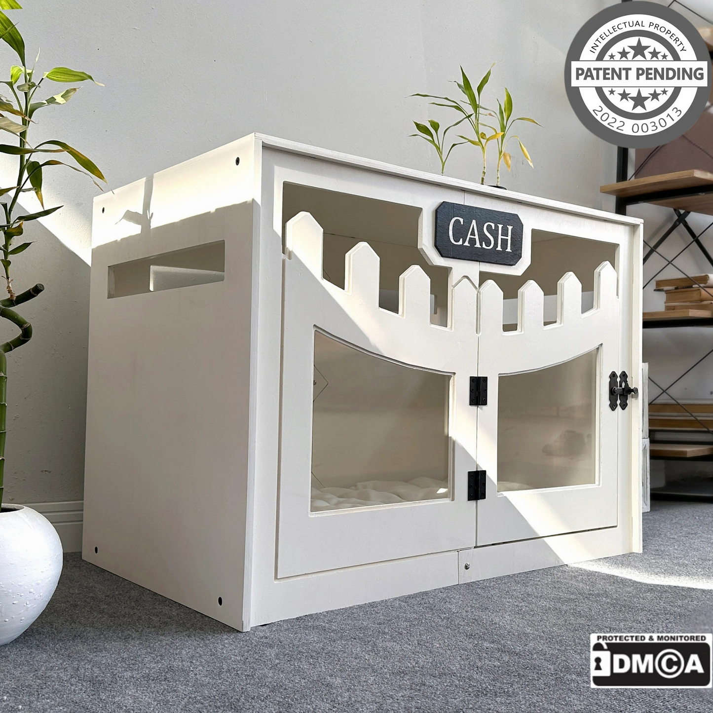 Hundehütte Welano Weiß aus Holz mit personalisiertem Namensschild & Kissen