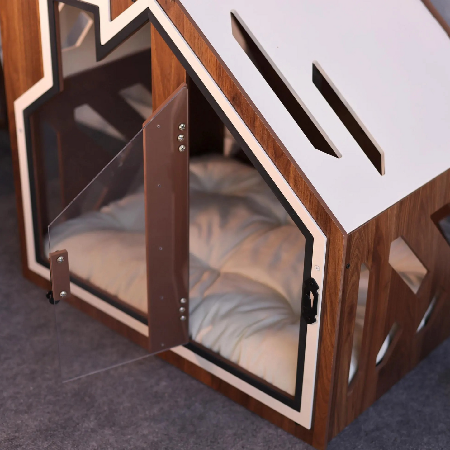 Hundehütte PawLuxe Walnuss Designer aus Holz mit Kissen & wasserfestem Boden für kleine & große Hunde