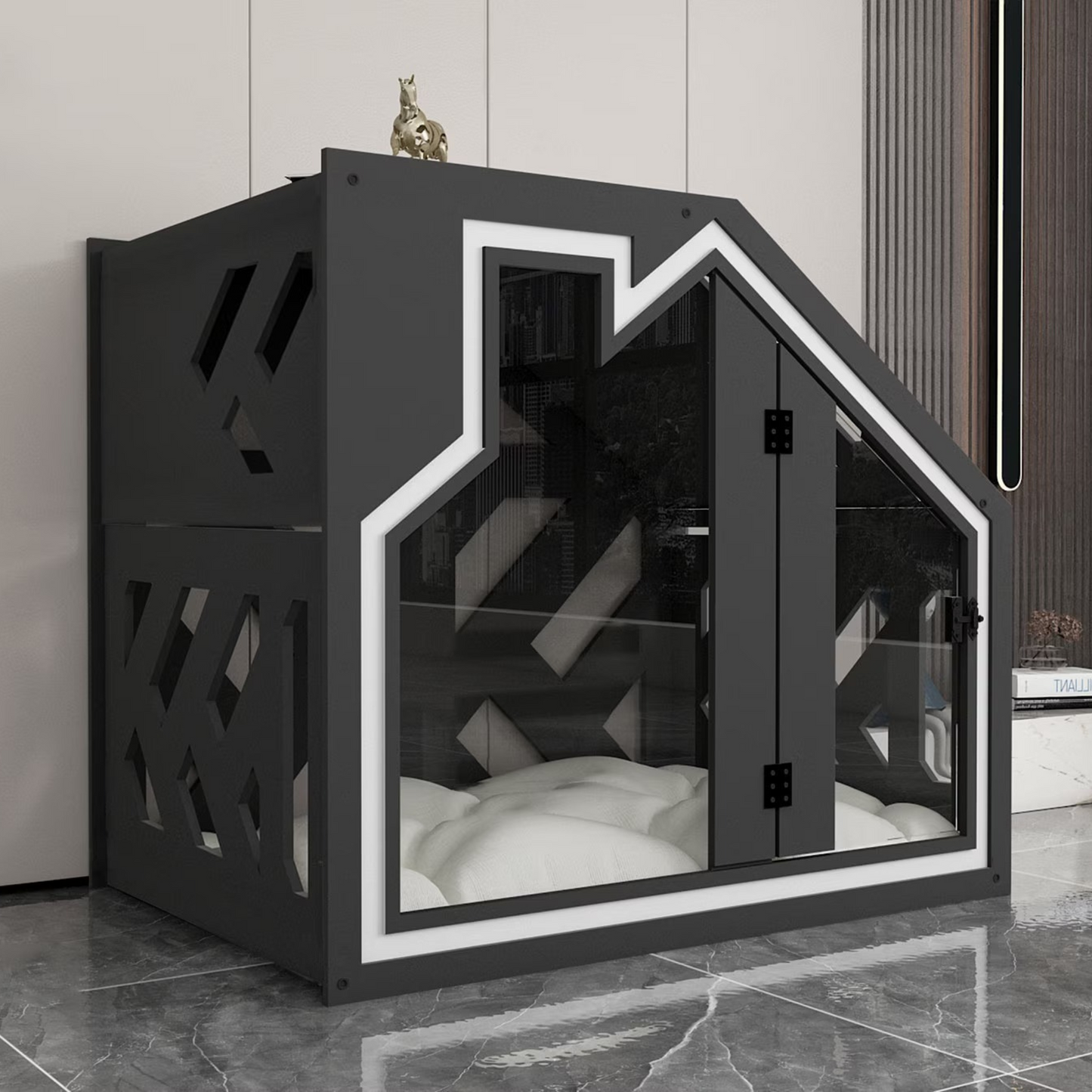 Hundehütte PawLuxe Dunklegrau Designer aus Holz mit Kissen & wasserfestem Boden für kleine & große Hunde