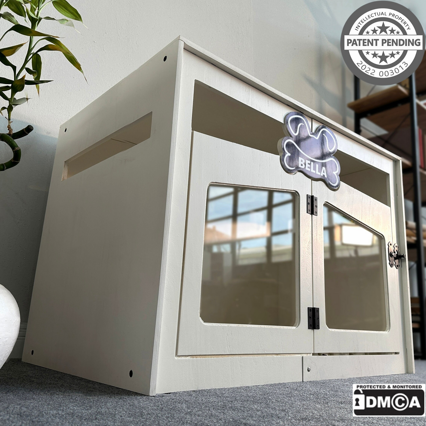Hundehütte Pawloft Weiß aus Holz mit personalisiertem Namensschild & Kissen