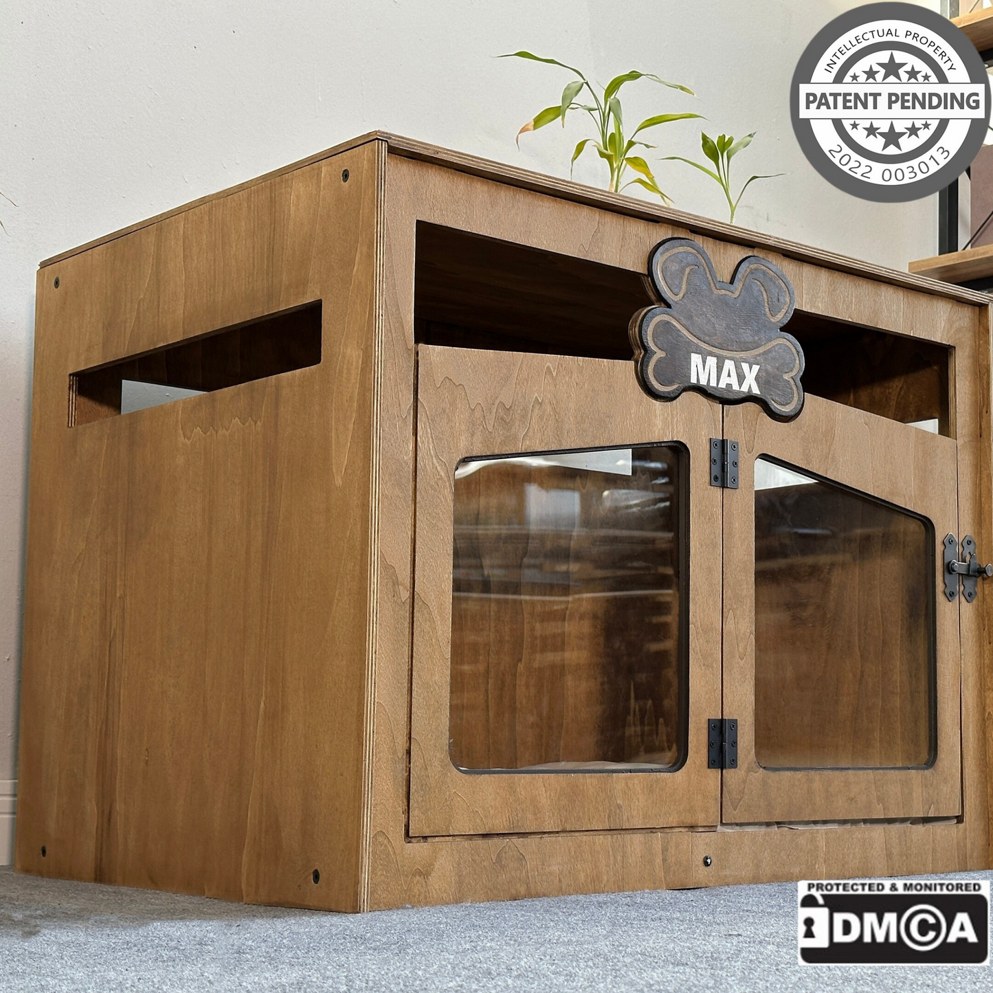 Hundehütte Pawloft Walnuss aus Holz mit personalisiertem Namensschild & Kissen