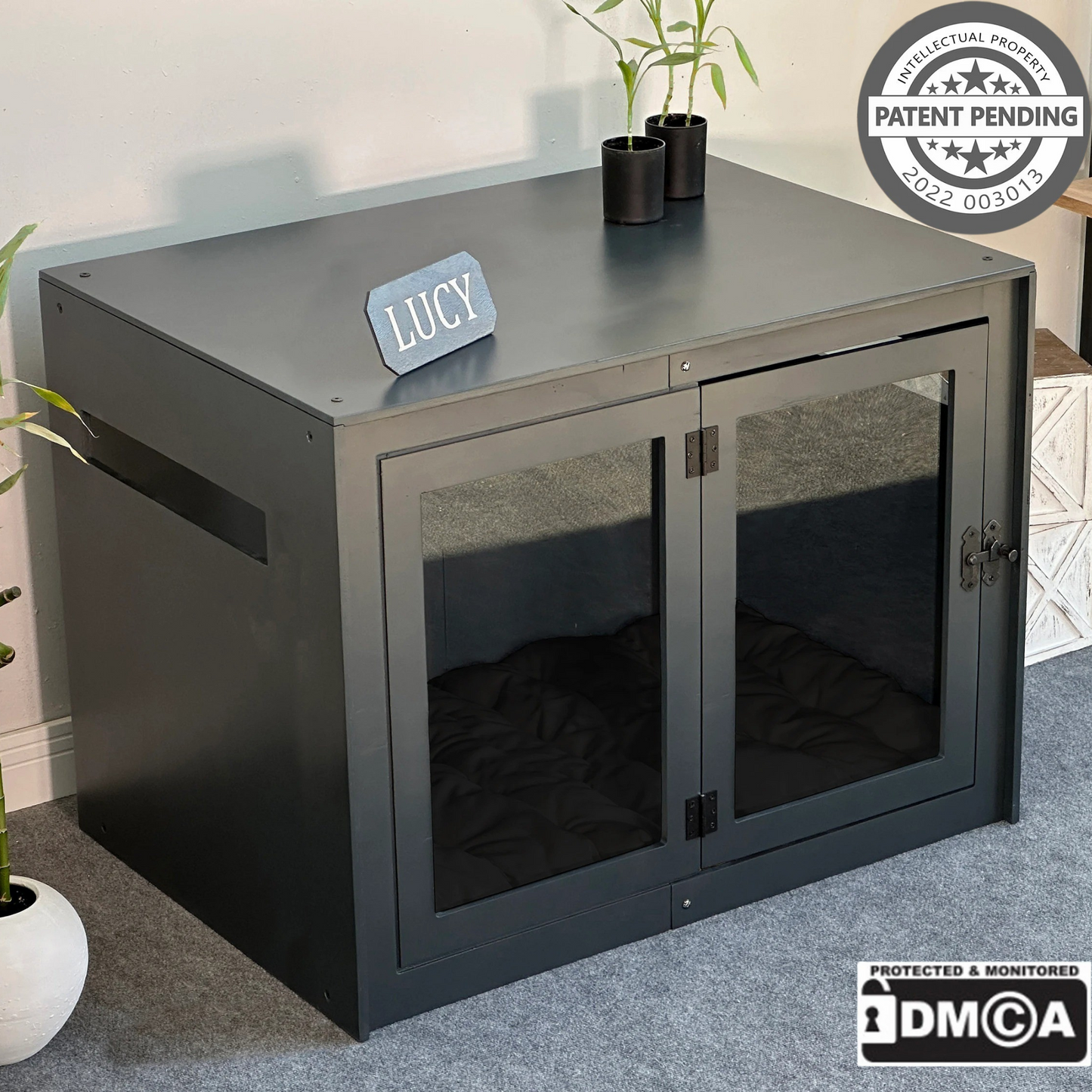 Hundehütte Belano Dunkelgrau aus Holz mit personalisiertem Namensschild & Kissen