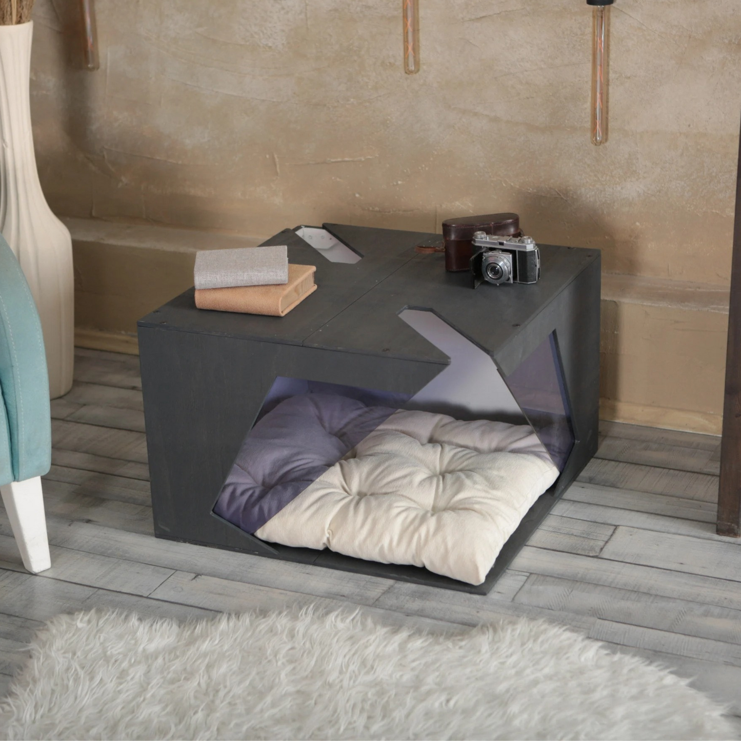 Hundehütte Noirro Designer aus Holz mit Kissen & wasserfestem Boden für kleine und große Hunde