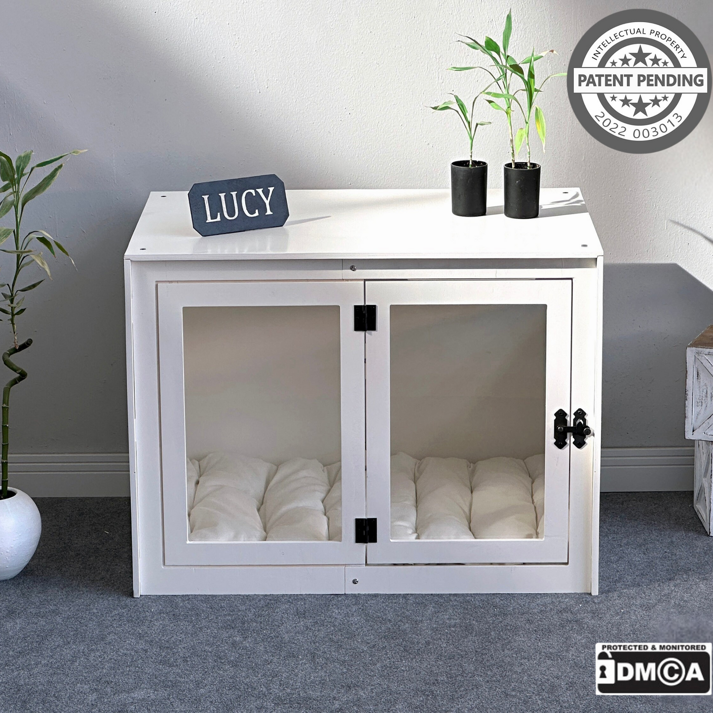 Hundehütte Belano Weiß aus Holz mit personalisiertem Namensschild & Kissen