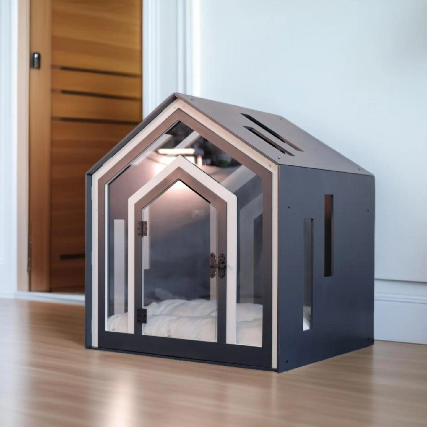 Hundehütte Calmo Dunkelgrau aus Holz mit Kissen & wasserfestem Boden für kleine & große Hunde