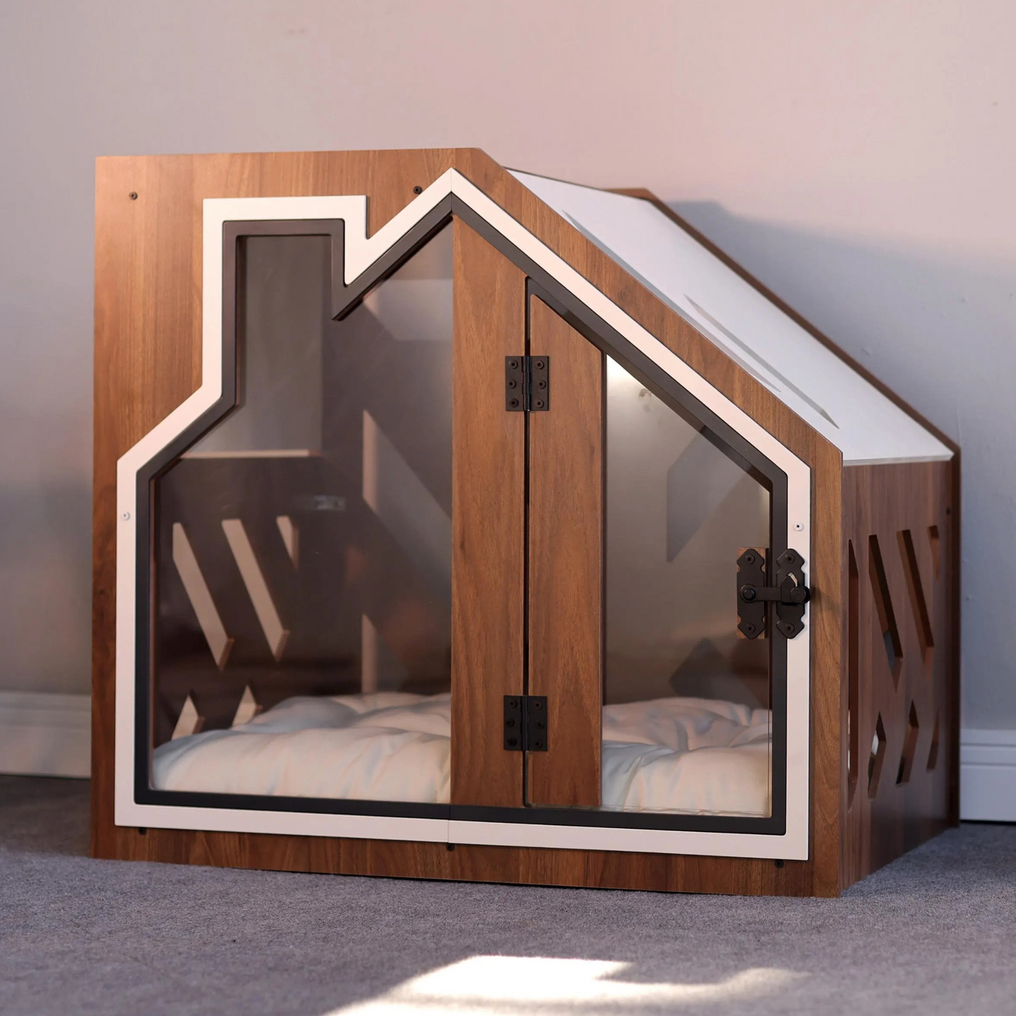 Hundehütte PawLuxe Walnuss Designer aus Holz mit Kissen & wasserfestem Boden für kleine & große Hunde
