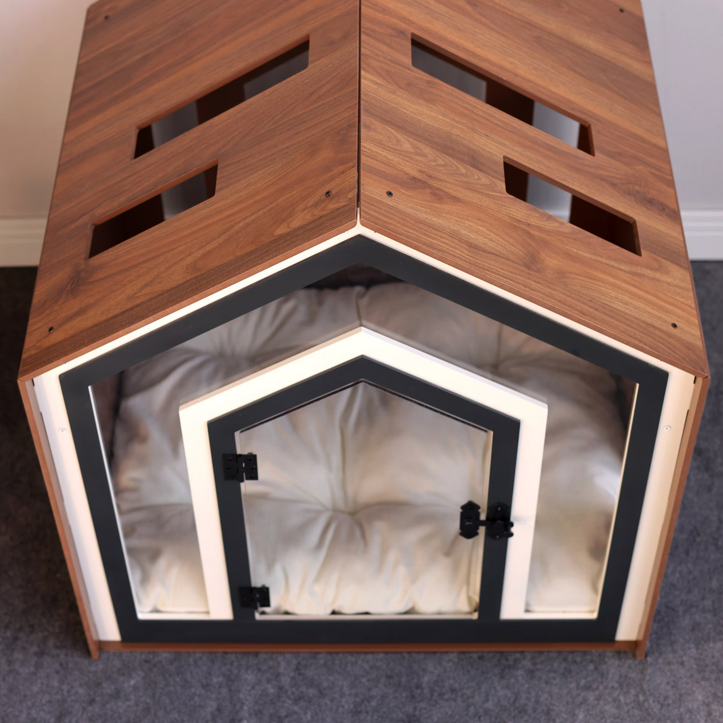 Hundehütte Calmo Walnuss aus Holz mit Kissen & wasserfestem Boden für kleine & große Hunde