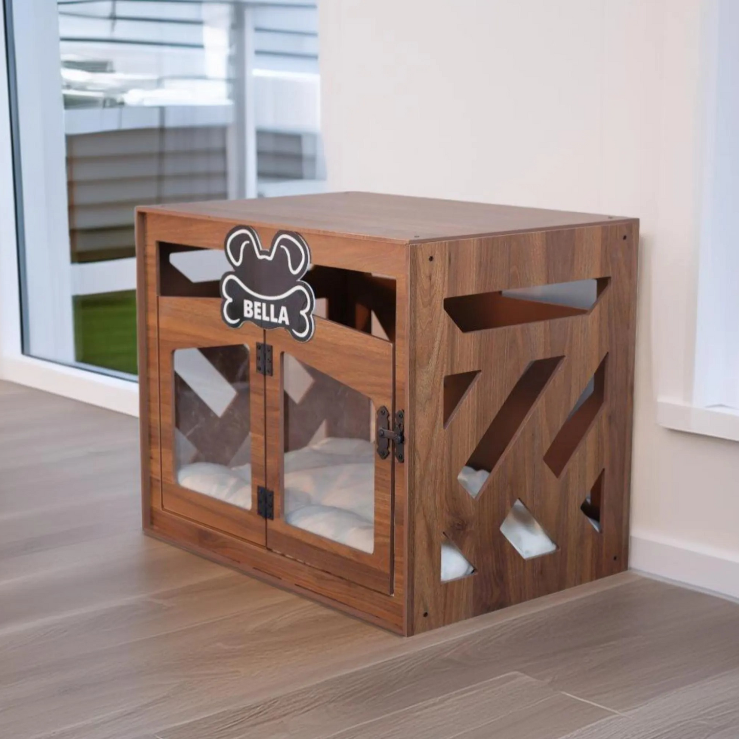 Hundehütte Pawloft B Walnuss aus Holz mit personalisiertem Namensschild & Kissen
