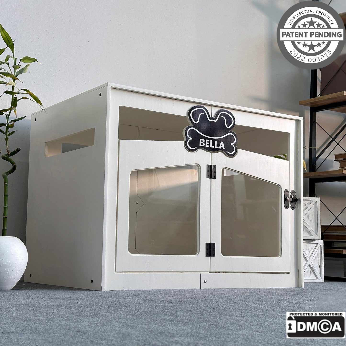 Hundehütte Pawloft Weiß aus Holz mit personalisiertem Namensschild & Kissen