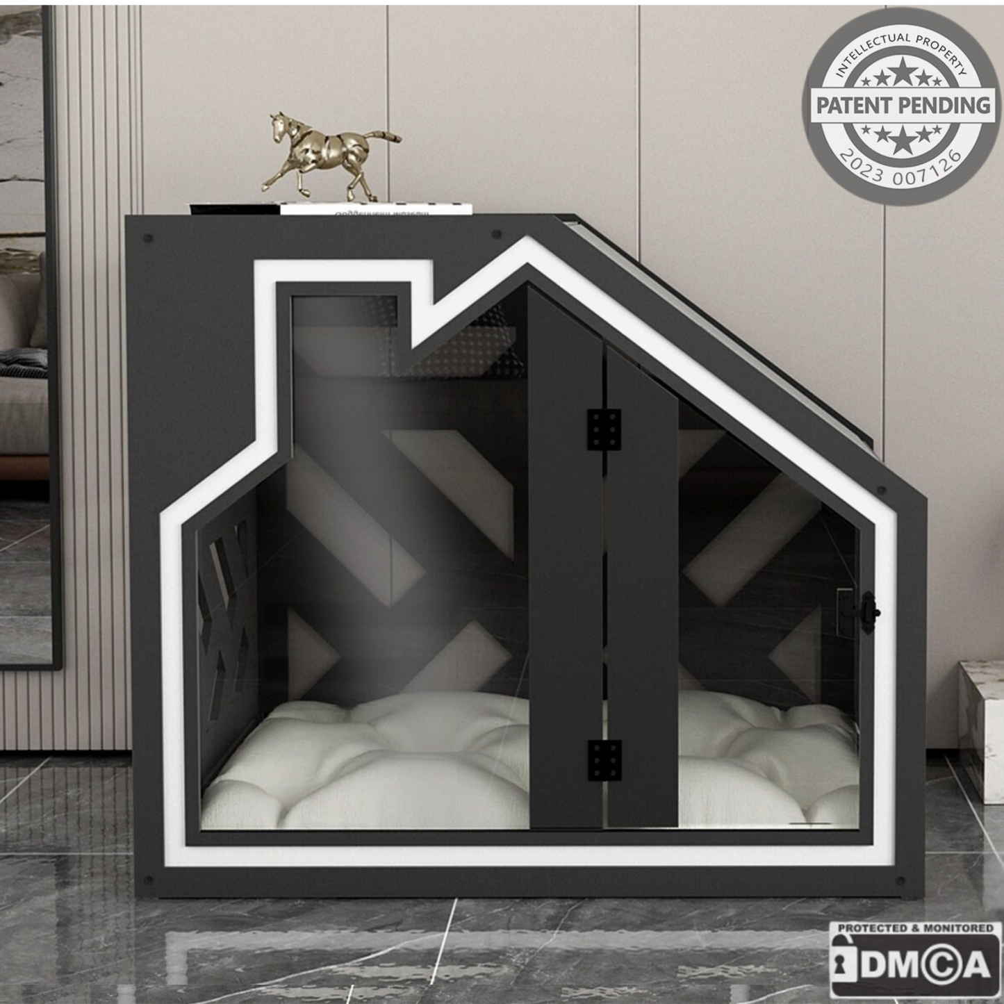 Hundehütte PawLuxe Dunklegrau Designer aus Holz mit Kissen & wasserfestem Boden für kleine & große Hunde