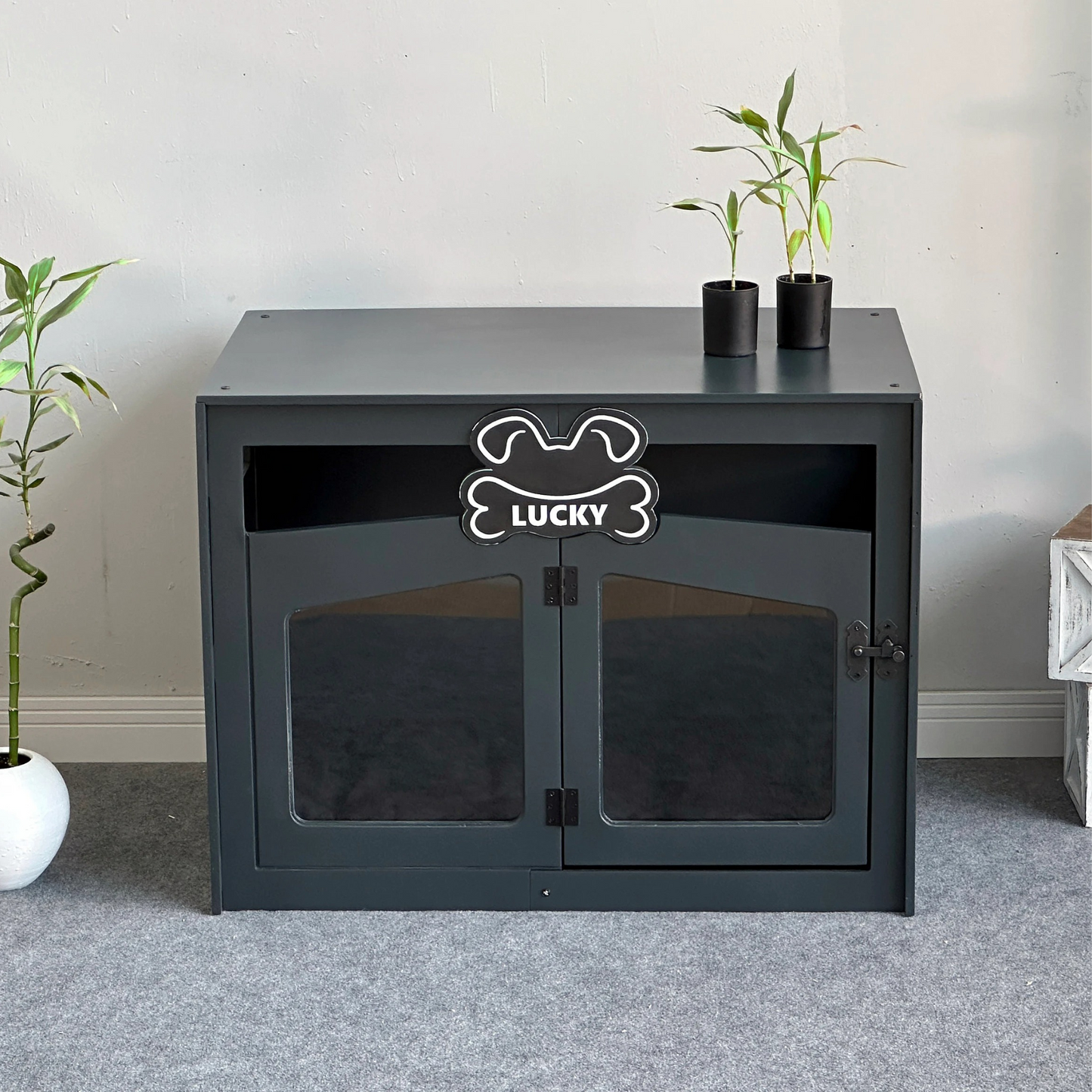 Hundehütte Pawloft Dunkelgrau aus Holz mit personalisiertem Namensschild & Kissen