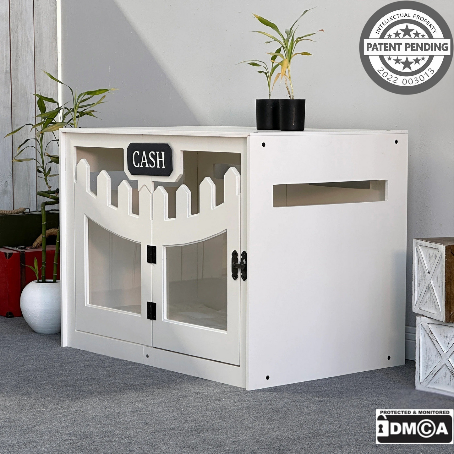 Hundehütte Welano Weiß aus Holz mit personalisiertem Namensschild & Kissen