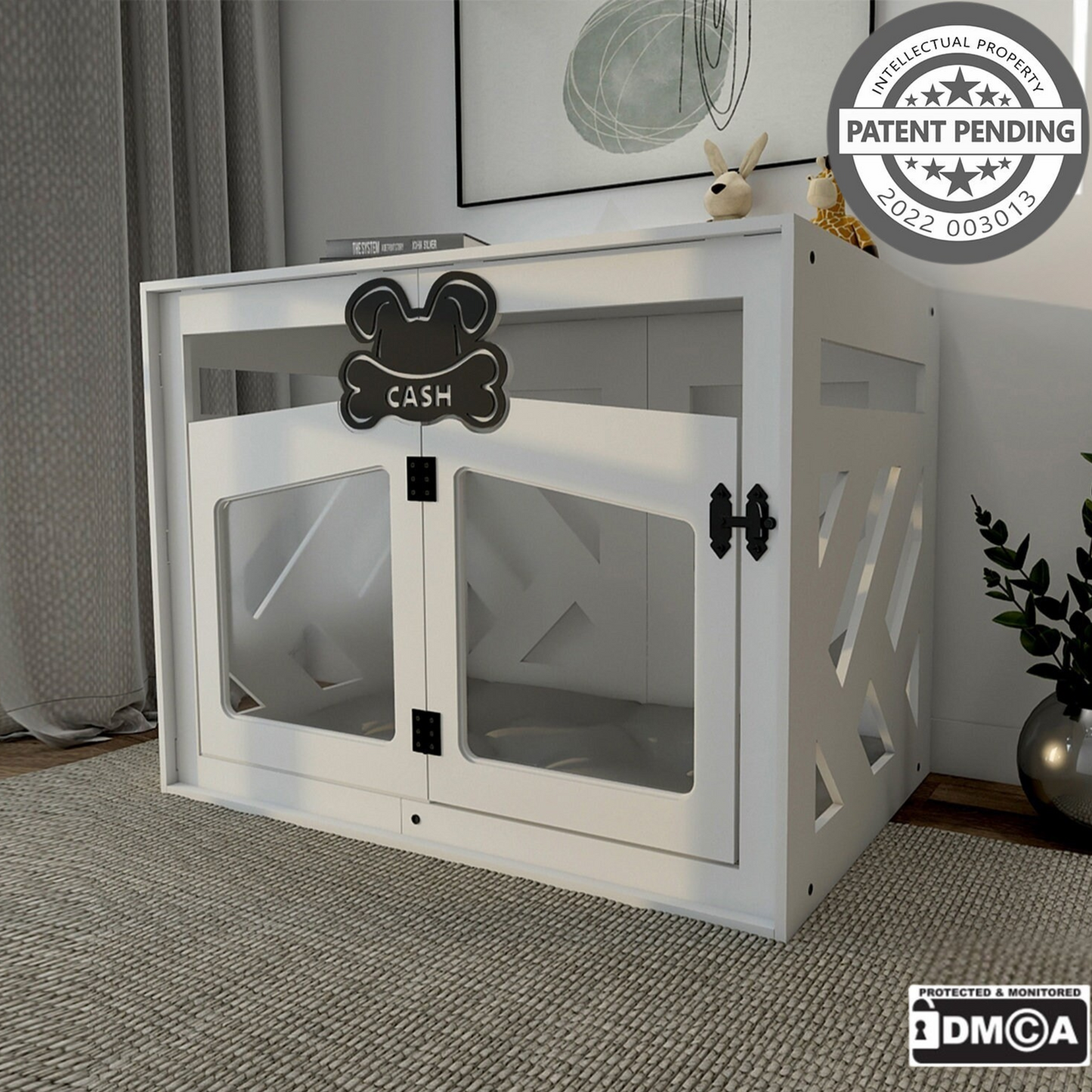 Hundehütte Pawloft B Weiß aus Holz mit personalisiertem Namensschild & Kissen