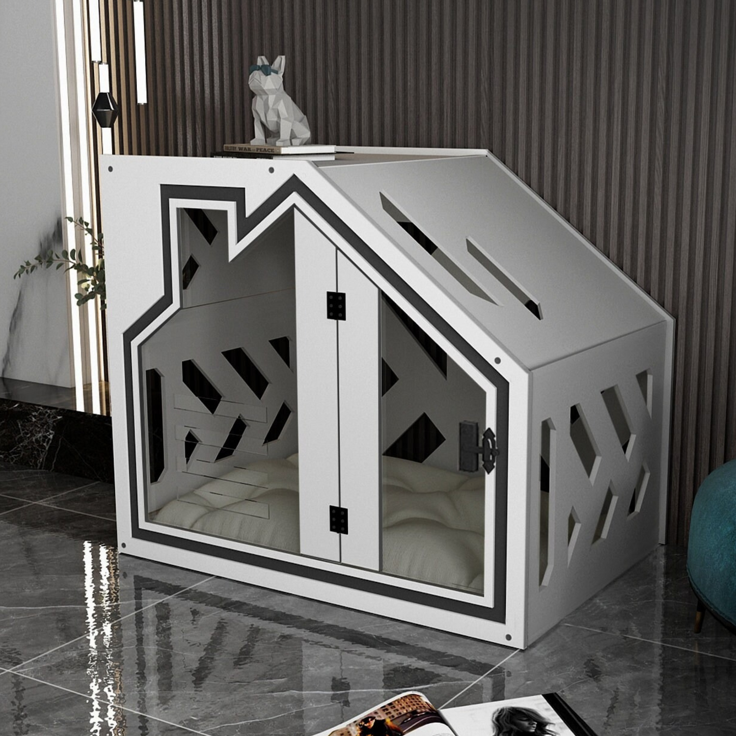 Hundehütte PawLuxe Weiss Designer aus Holz mit Kissen & wasserfestem Boden für kleine & große Hunde