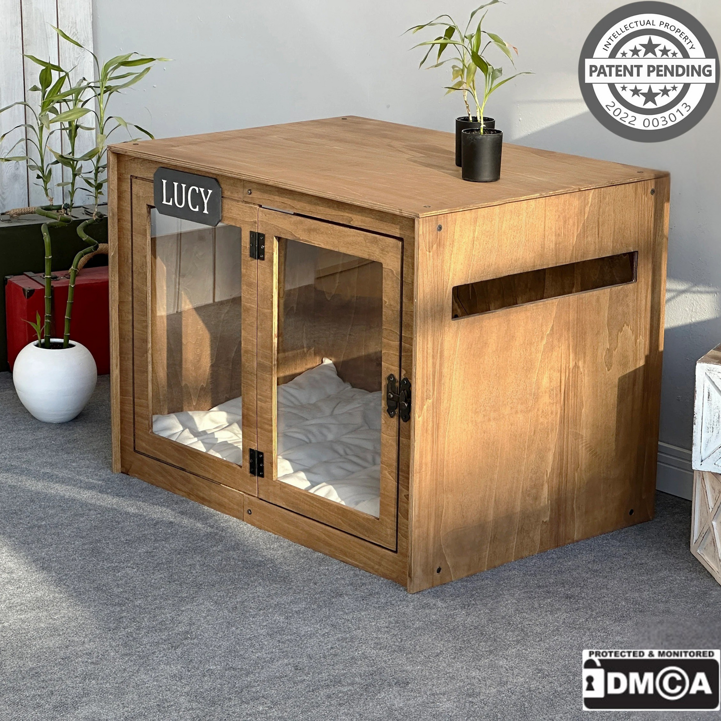 Hundehütte Belano Walnuss aus Holz mit personalisiertem Namensschild & Kissen