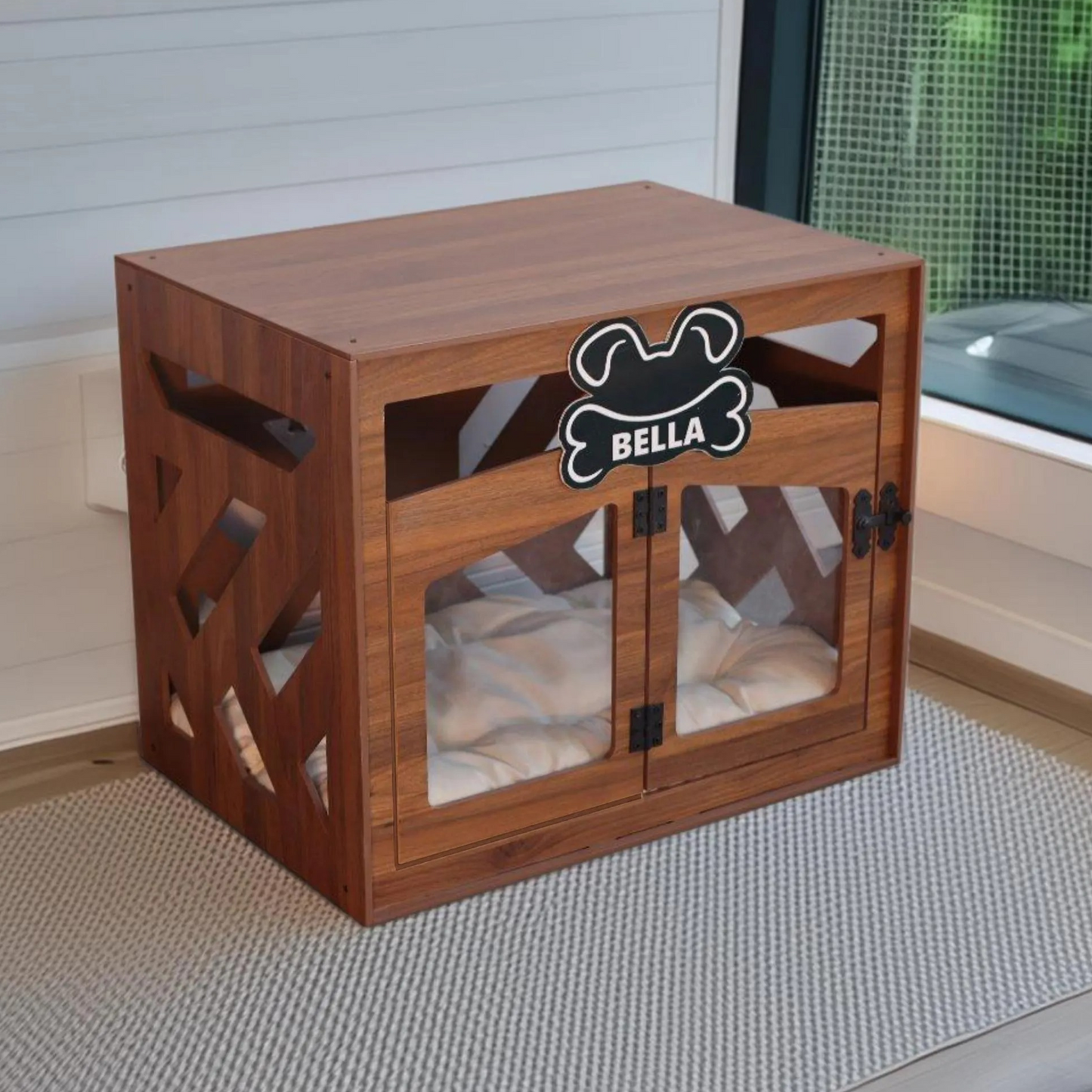 Hundehütte Pawloft B Walnuss aus Holz mit personalisiertem Namensschild & Kissen