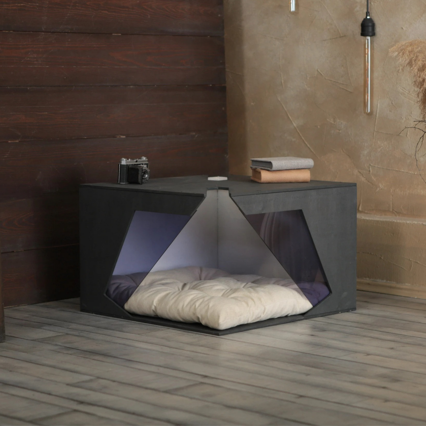 Hundehütte Noirro Designer aus Holz mit Kissen & wasserfestem Boden für kleine und große Hunde