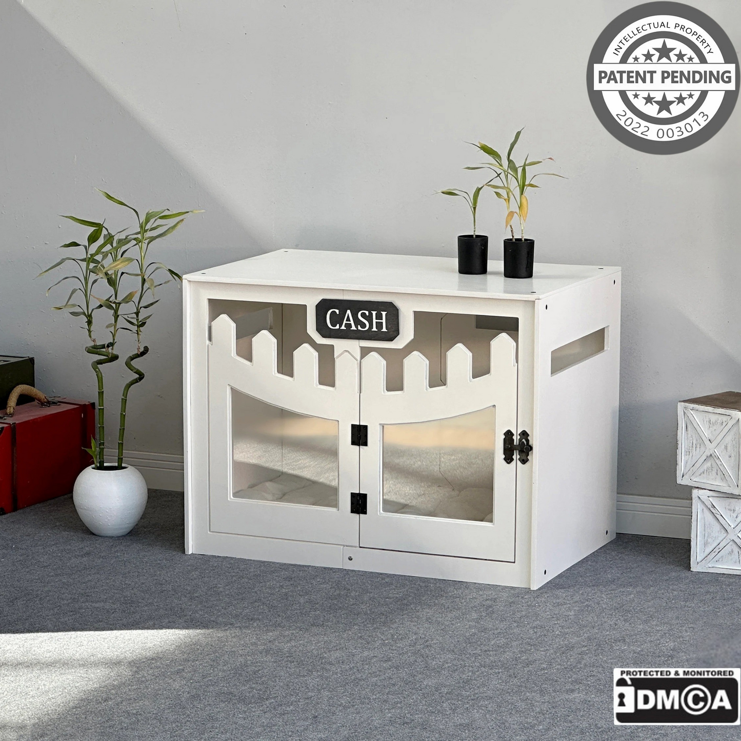 Hundehütte Welano Weiß aus Holz mit personalisiertem Namensschild & Kissen