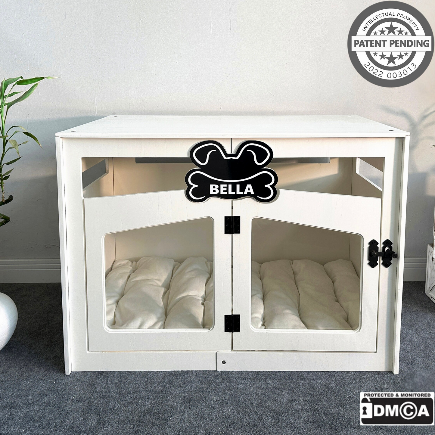 Hundehütte Pawloft Weiß aus Holz mit personalisiertem Namensschild & Kissen