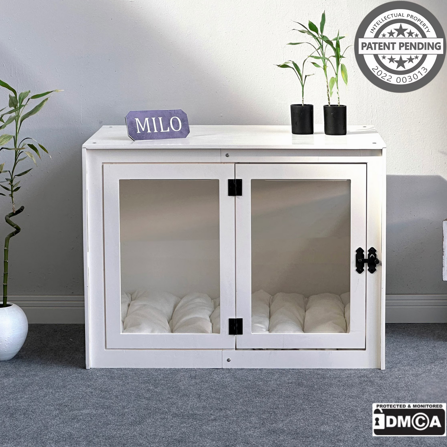 Hundehütte Belano Weiß aus Holz mit personalisiertem Namensschild & Kissen