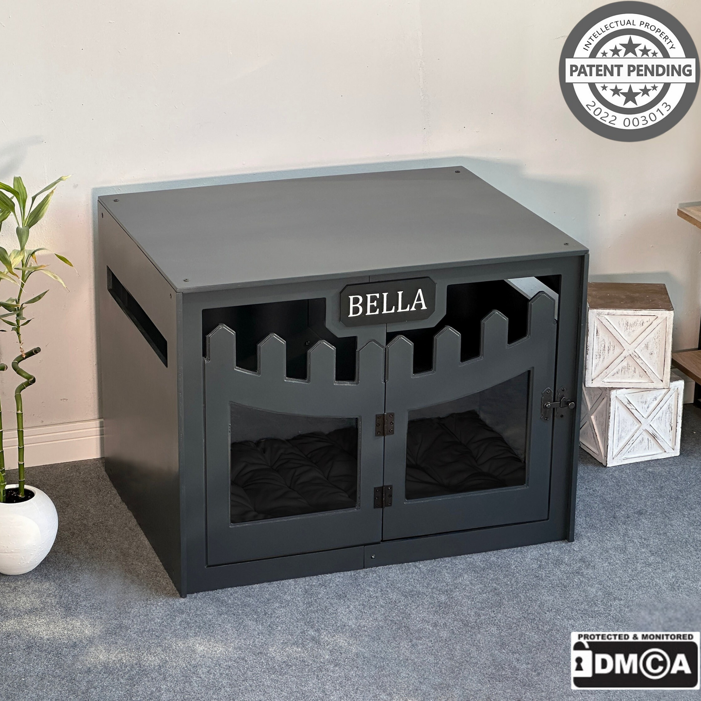 Hundehütte Welano Dunkelgrau aus Holz mit personalisiertem Namensschild & Kissen