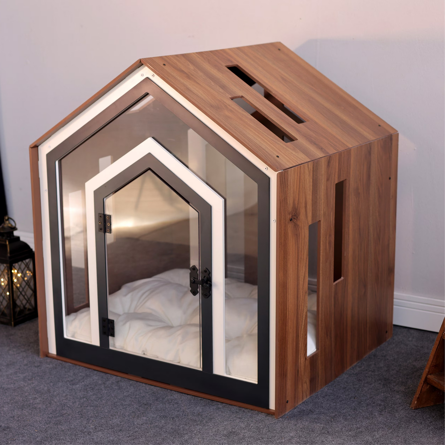 Hundehütte Calmo Walnuss aus Holz mit Kissen & wasserfestem Boden für kleine & große Hunde