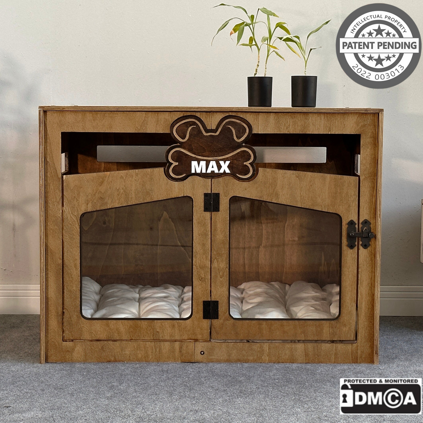 Hundehütte Pawloft Walnuss aus Holz mit personalisiertem Namensschild & Kissen