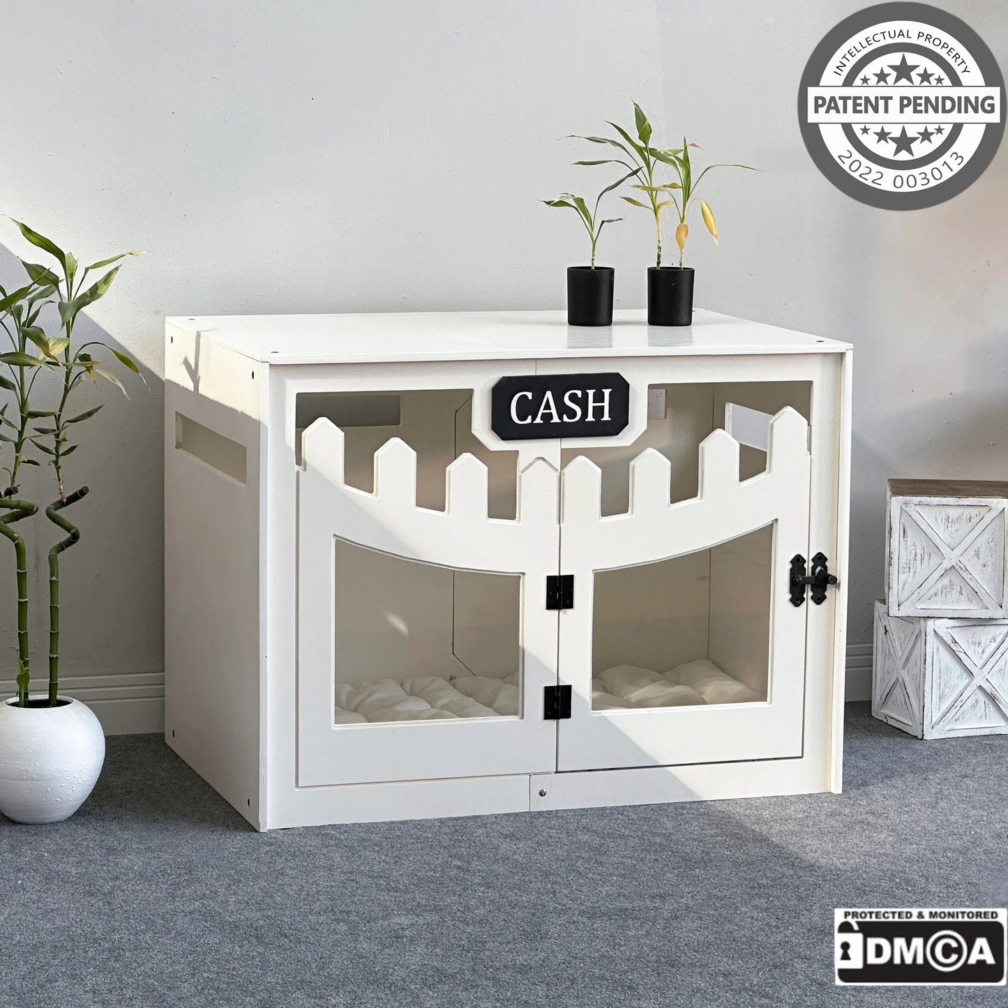 Hundehütte Welano Weiß aus Holz mit personalisiertem Namensschild & Kissen