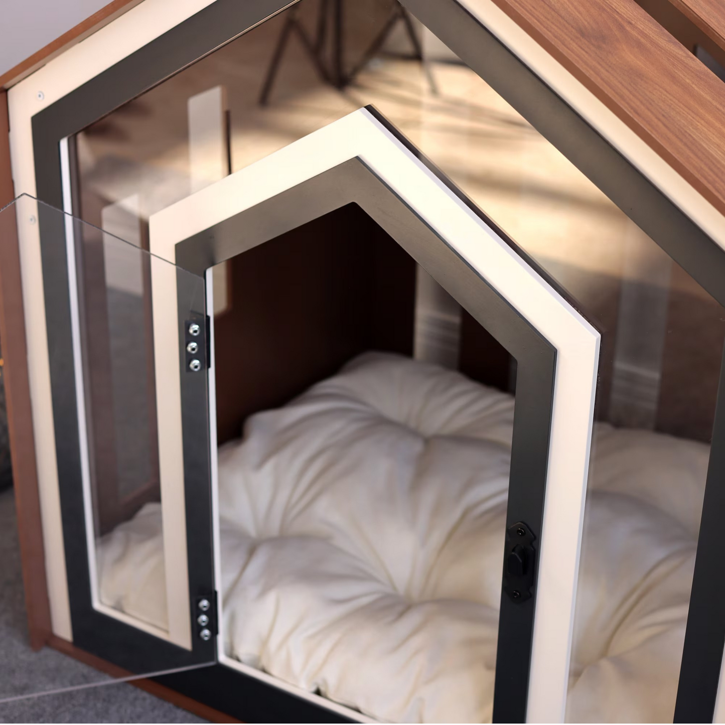 Hundehütte Calmo Walnuss aus Holz mit Kissen & wasserfestem Boden für kleine & große Hunde