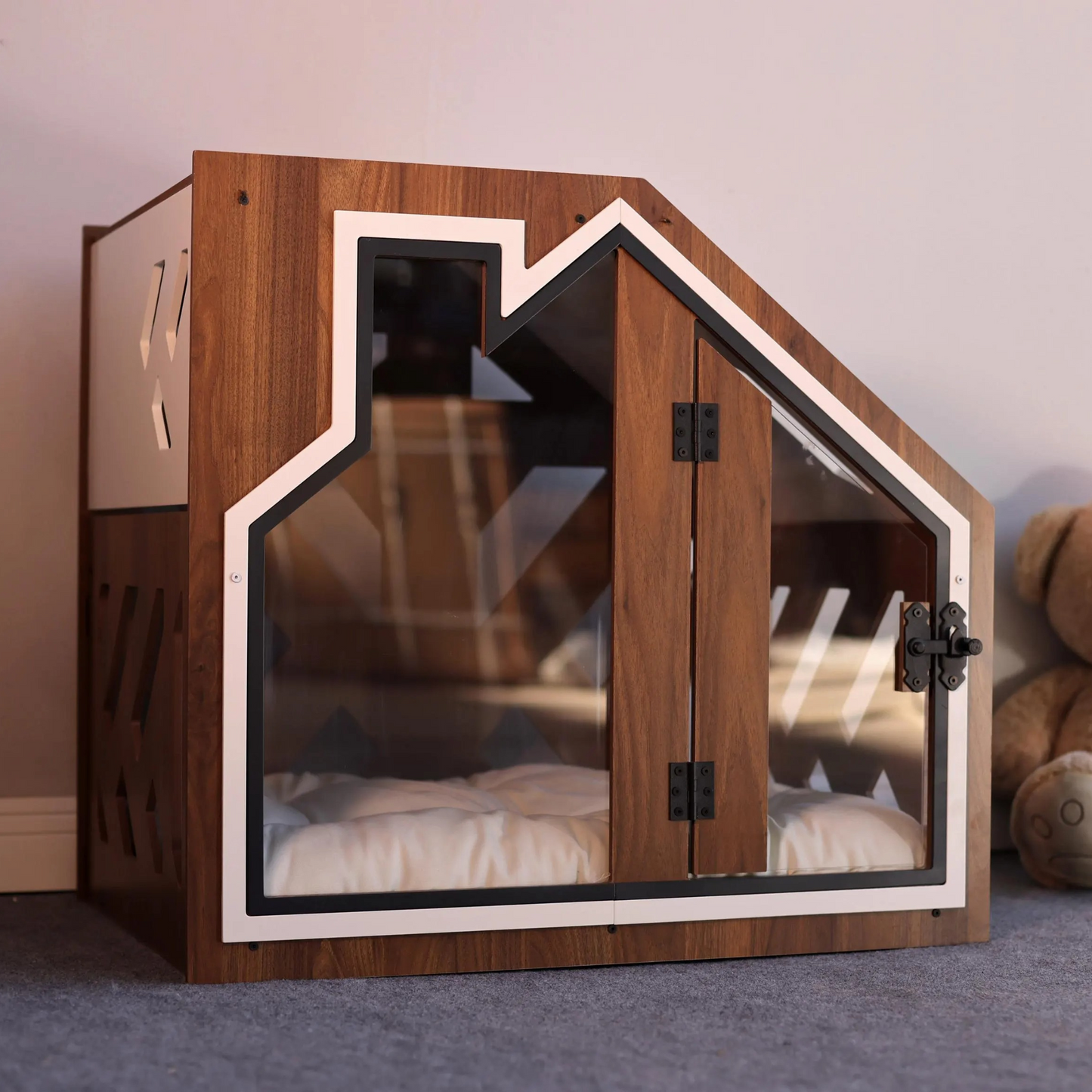 Hundehütte PawLuxe Walnuss Designer aus Holz mit Kissen & wasserfestem Boden für kleine & große Hunde
